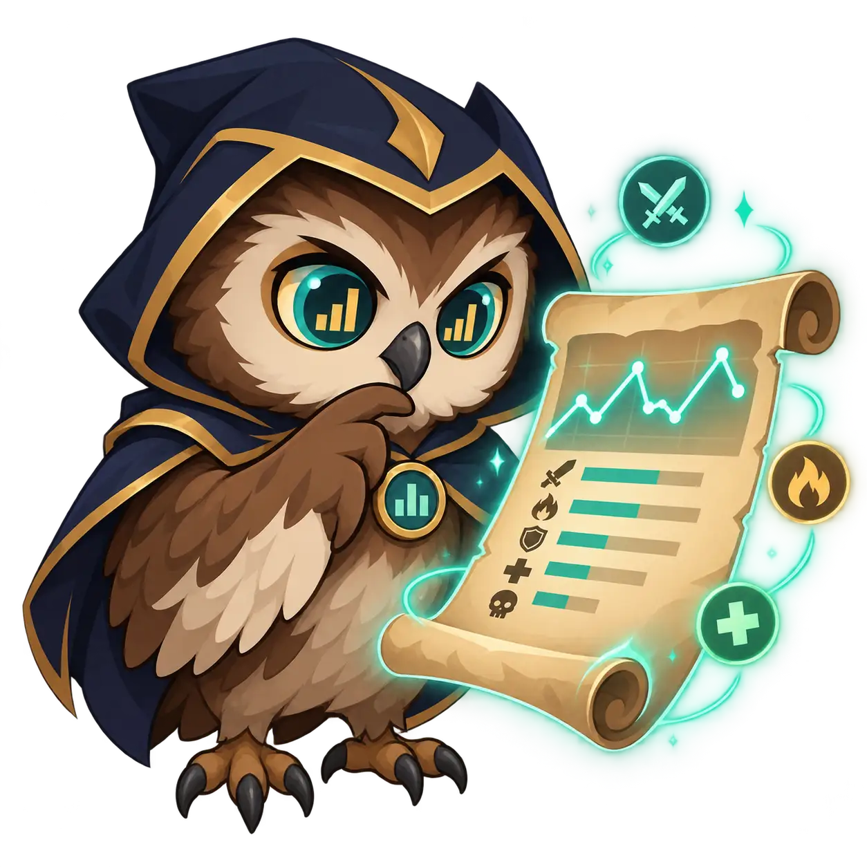 Poukey reading a scroll of statistics, a wing under the beak
