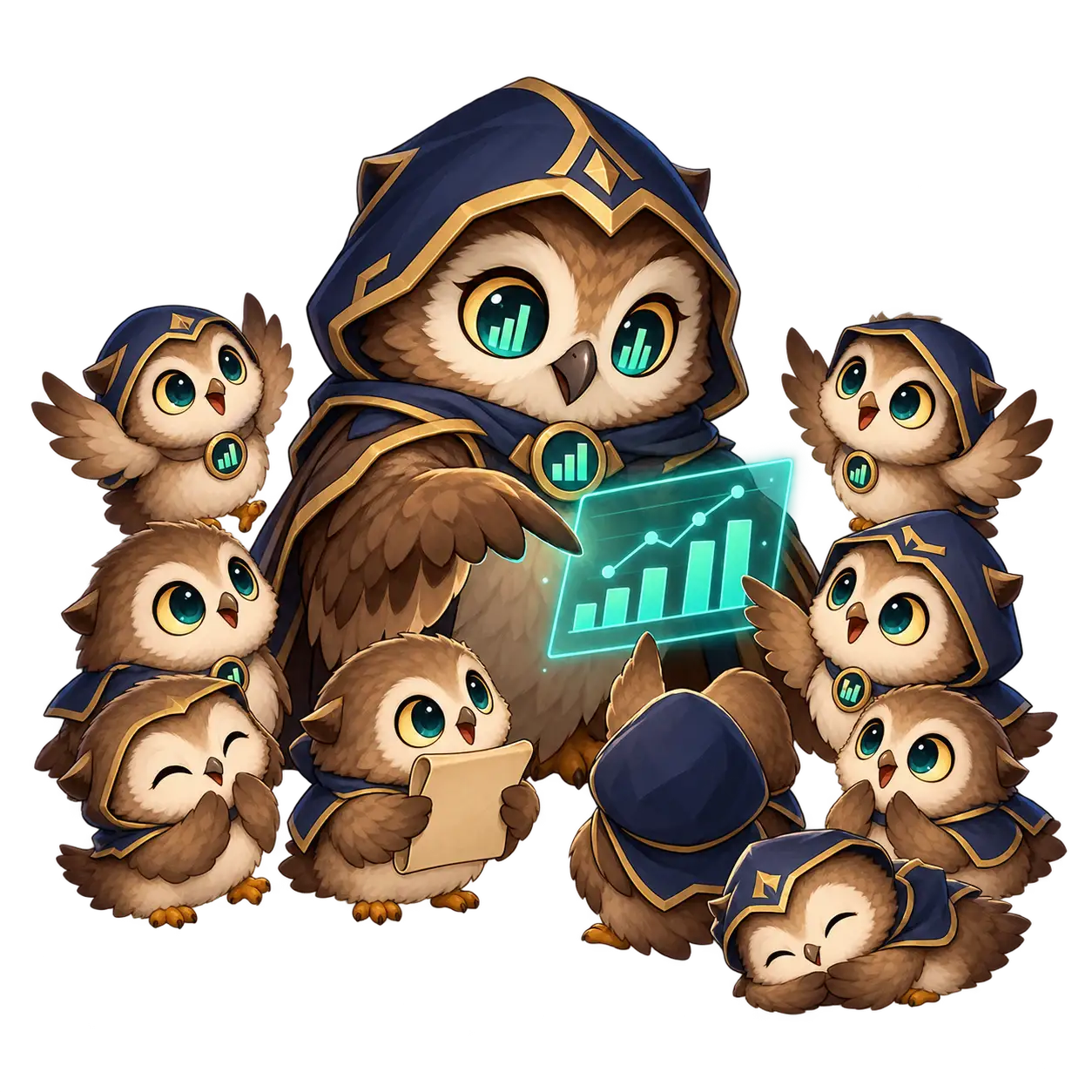 Poukey showing a chart to a flock of little owls