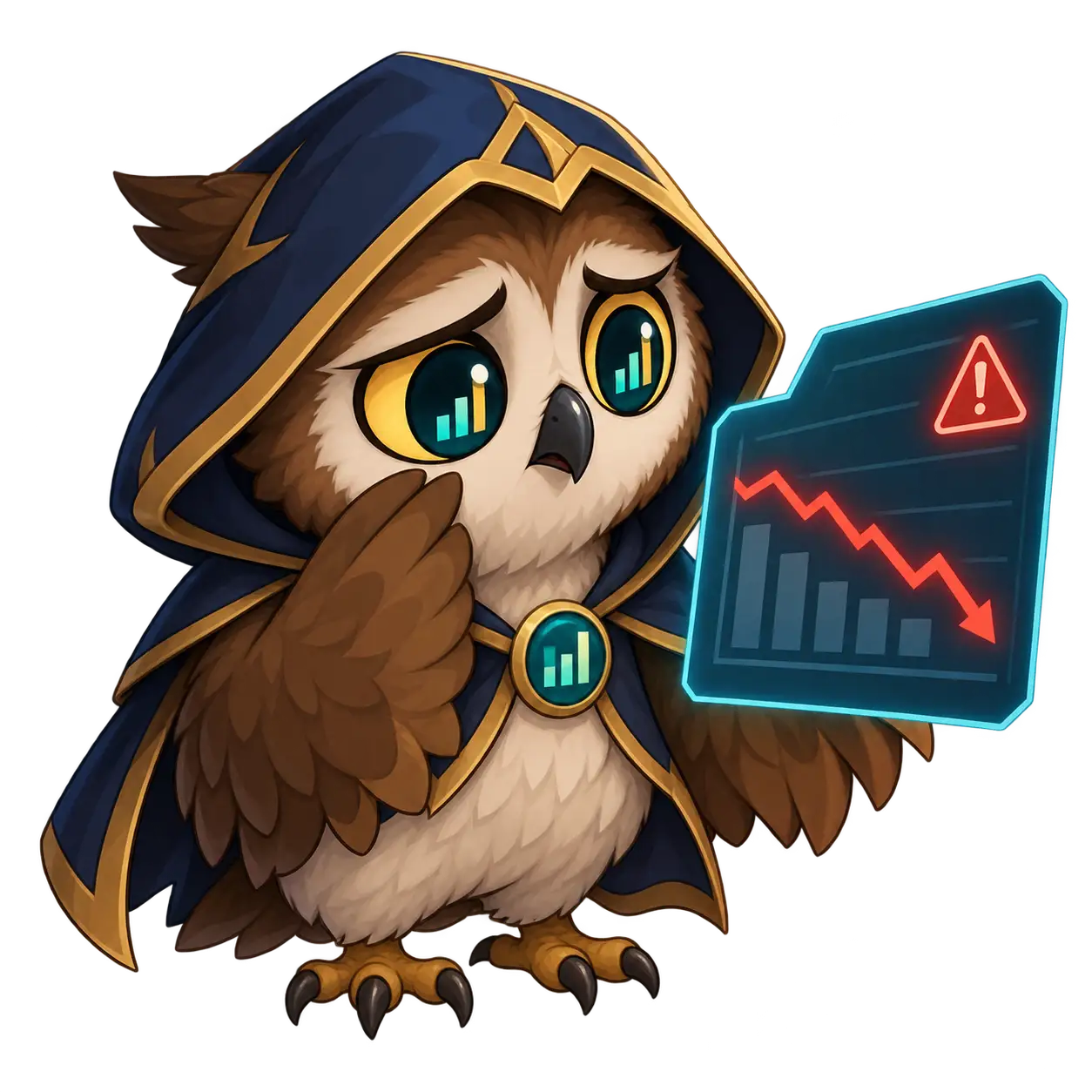 Poukey, worried, looking at a chart that nosedives